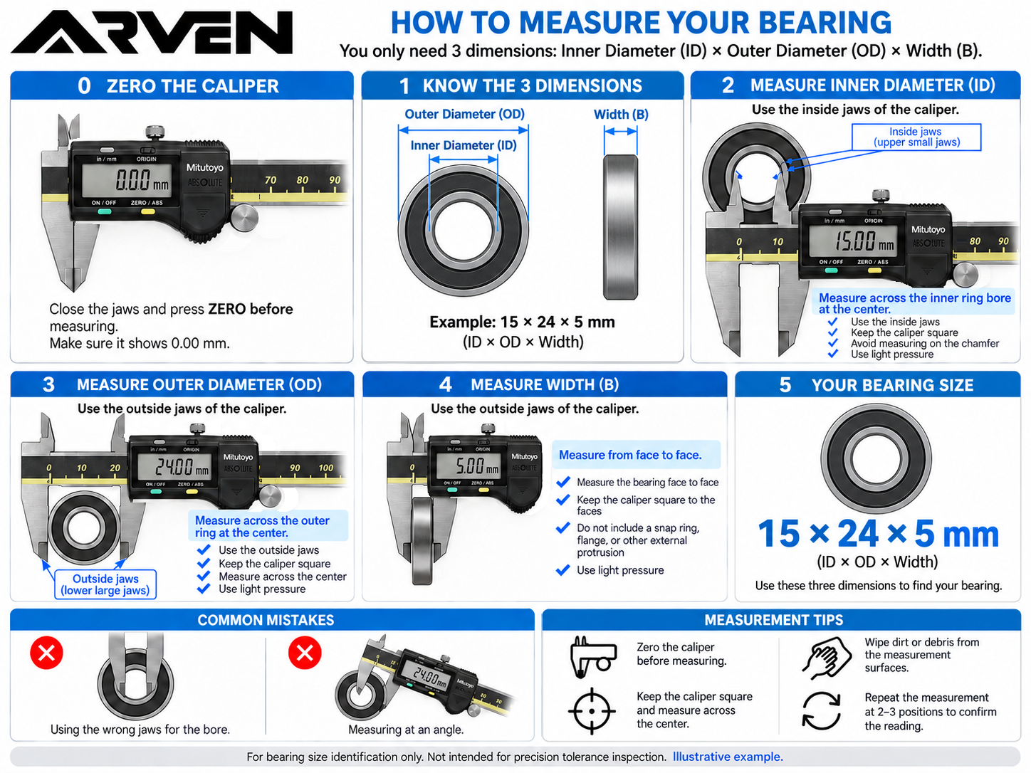 ARVEN bearing measuring guide: zeroing the caliper and measuring inner diameter, outer diameter and width.